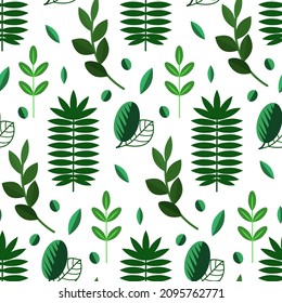continuous seamless pattern on a white background. Fantasy leaves and twigs of green shades. For wallpaper, wrapping paper, handicrafts, textiles, clothing, stationery.