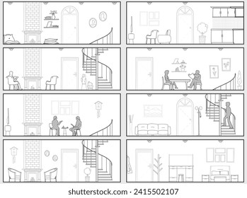 Continuous Seamless Pattern in the Shape of Architectural Section, Technical Sketching of a Simple Apartment Side View.