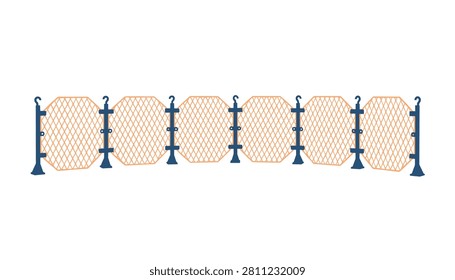 Continuous section of orange safety construction netting held by blue metal posts, designed for secure perimeter control and site warning.