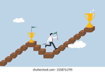 Continuous self development even after success, motivation to reach new goal, planning to next achievement concept. Businessman stepping up next stair to plant flag on new larger trophy.