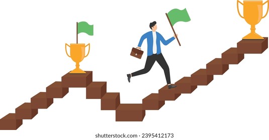 Continuous self development even after success, motivation to reach new goal, planning to next achievement concept. Businessman stepping up next stair to plant flag on new larger trophy.

 - Shutterstock ID 2395412173