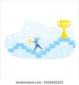 Continuous self development even after success,Businessman stepping up next stair to plant flag on new larger trophy.