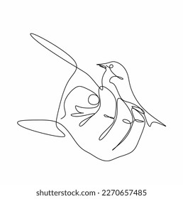 Dibujo continuo de una silueta de un pájaro bebé en la mano. El concepto de confianza, paz. Imprimir en camisetas