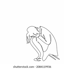 continuous silhouette drawing of a crying woman squatting in a minimalist style. The concept of psychology. Despair, loneliness, frustration