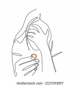 a continuous silhouette drawing of a woman covers her face with one hand and holds a ring with the other hand. The concept of psychology of divorce