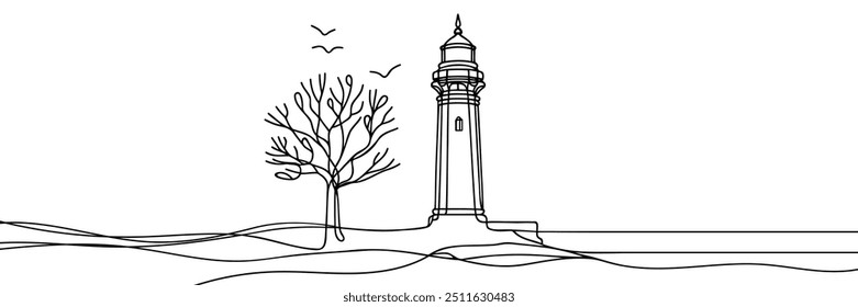 Continuous simple line drawing of lighthouse icon isolated on white background