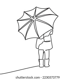 Línea simple continua de una niña bajo un paraguas en botas en otoño o en temporada de lluvias. Llegada del concepto de otoño, inicio del año escolar. Ilustración vectorial de la niña en el arranque bajo el paraguas.