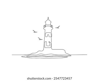 A continuous, simple, single-line abstract representation of a lighthouse icon in silhouette against a white background.