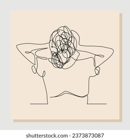 Continuous singe line drawing art of stress confusing people because any problem. Vector illustration one line sketch of business people mess feeling with round scribbles instead of a head