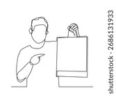 Continuous singe line of happiness man holding paper shopping bags. Vector illustration editable stroke sketch drawing of shopper big sale consumerism