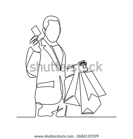 Continuous singe line of happiness man holding paper shopping bags. Vector illustration editable stroke sketch drawing of shopper big sale consumerism