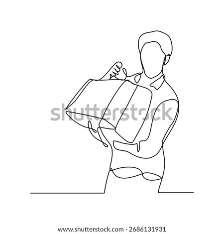 Continuous singe line of happiness man holding paper shopping bags. Vector illustration editable stroke sketch drawing of shopper big sale consumerism