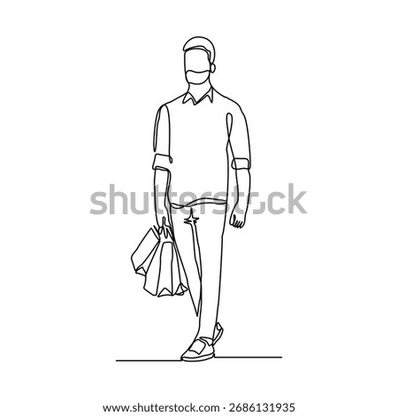 Continuous singe line of happiness man holding paper shopping bags. Vector illustration editable stroke sketch drawing of shopper big sale consumerism