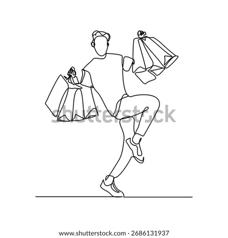 Continuous singe line of happiness man holding paper shopping bags. Vector illustration editable stroke sketch drawing of shopper big sale consumerism