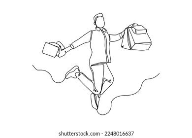 Continuous singe one line drawing art of happiness man holding paper shopping bags. Vector illustration of shopper big sale consumerism concept