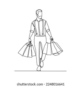 Continuous singe one line drawing art of happiness man holding paper shopping bags. Vector illustration of shopper big sale consumerism concept