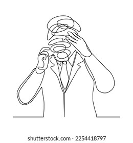 Una línea que sigue dibujando el arte del estrés confundiendo a la gente por cualquier problema. Ilustración vectorial del lío de los empresarios con la sensación de garabatos redondos en lugar de la cabeza.