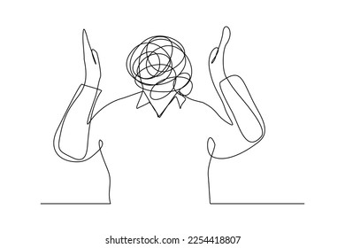Una línea que sigue dibujando el arte del estrés confundiendo a la gente por cualquier problema. Ilustración vectorial del lío de los empresarios con la sensación de garabatos redondos en lugar de la cabeza.