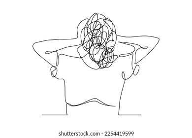 Continuous singe one line drawing art of stress confusing people because any problem. Vector illustration of business woman mess feeling with round scribbles instead of a head.