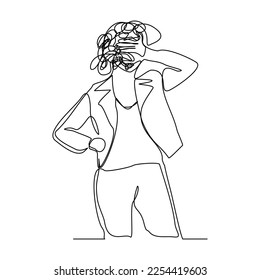 Una línea que sigue dibujando el arte del estrés confundiendo a la gente por cualquier problema. Ilustración vectorial de una mujer de negocios que se siente con garabatos redondos en lugar de una cabeza.