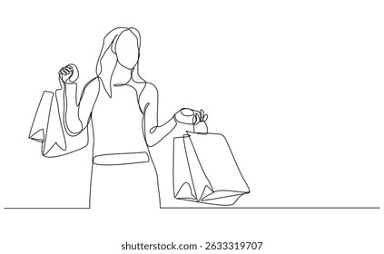Continuous singe one line drawing art of happiness woman holding paper shopping bags. Vector illustration editable stroke of shopper big sale consumerism concept