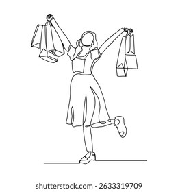 Dibujo continuo de una sola línea de arte de la felicidad de la mujer con bolsas de papel. Ilustración vectorial editable trazo de shopper gran venta concepto de consumismo