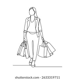 Continuous singe one line drawing art of happiness woman holding paper shopping bags. Vector illustration editable stroke of shopper big sale consumerism concept