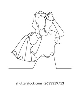 Continuous singe one line drawing art of happiness woman holding paper shopping bags. Vector illustration editable stroke of shopper big sale consumerism concept