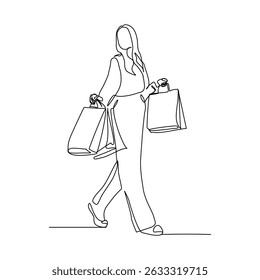 Dibujo continuo de una sola línea de arte de la felicidad de la mujer con bolsas de papel. Ilustración vectorial editable trazo de shopper gran venta concepto de consumismo