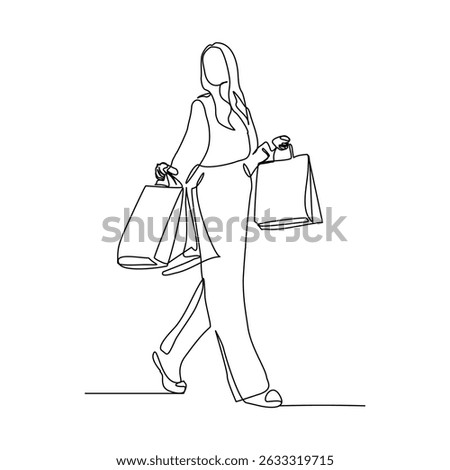 Continuous singe one line drawing art of happiness woman holding paper shopping bags. Vector illustration editable stroke of shopper big sale consumerism concept