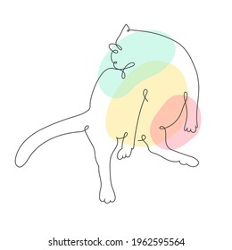 Continuous Single cat and colorful spots. Isolated on white background. Funny, cute animals. Doodle animals icons minimalistic One line art. Hand drawn Vector illustration. Simple silhouettes. 