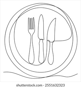 Continuous single drawing of knife fork spoon outline vector illustration
