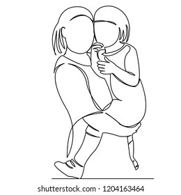 continuous single drawn by one line mother with a daughter in her arms a hand-drawn picture silhouette. Line art. doodle.