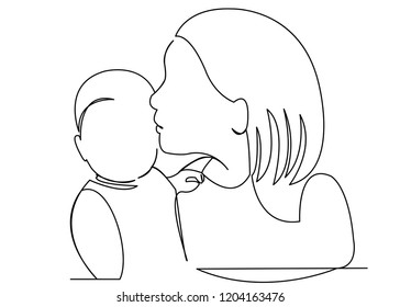 continuous single drawn by one line mom kisses a baby hand-drawn picture silhouette. Line art. doodle.