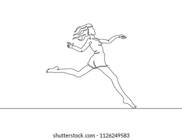 Continuous single drawn single line of happy jumping girl?woman. Vacationers are jumping in the summer on the beach, recreation, entertainment.