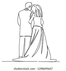 continuous single drawn line man and woman newlyweds hand-drawn picture silhouette. Line art. doodle