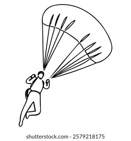 continuous single drawn single line man jumps with a parachute. hand-drawn picture silhouette. line art doodle