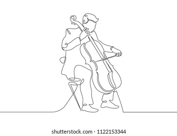 A continuous single drawn single line of a musician is played by a cellist man. Classical music, concert, cello,play, violin, classical, instrument, string, music, fiddler, performer, artistic