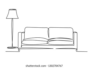 continuous single drawn single line sofa with floor lamp lampshade hand-drawn picture silhouette. Line art. doodle