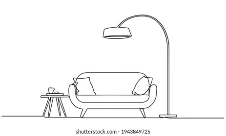 Continuous single drawn single line sofa and floor lamp lampshade hand  drawn picture silhouette  Line art  doodle  Continuous one line drawing the interior the living room in the house 