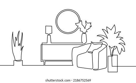 Continuous single drawn single line sofa with floor lamp lampshade hand-drawn picture silhouette. Line art. doodle. Continuous one line drawing the interior of the living room in the house.