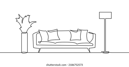 Continuous single drawn single line sofa with floor lamp lampshade hand-drawn picture silhouette. Line art. doodle. Continuous one line drawing the interior of the living room in the house.