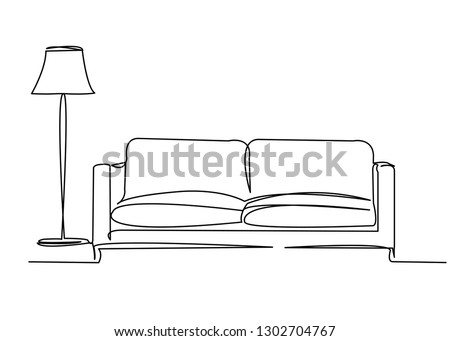 continuous single drawn single line sofa with floor lamp lampshade hand-drawn picture silhouette. Line art. doodle