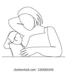 continuous single drawn single line woman mother breastfeeds her hand-drawn picture silhouette. Line art. doodle