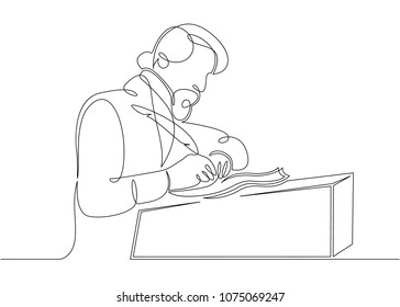 Continuous single drawn line writer writes the work, a typewriter, a manuscript.