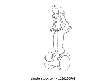Continuous single drawn one art line electric self-balancing vehicle with two gyroscope wheels. Ecologically clean high-tech alternative transport, scooter. Female character manages transport.