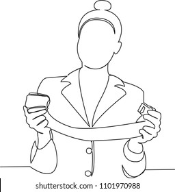 continuous single drawn one flight attendant line, the side conductor holds the instruction drawn from the hand picture silhouette. Line art. the stewardess gives instructions on safety engineering