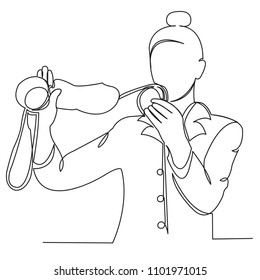 continuous single drawn one flight attendant line, the side conductor holds the instruction drawn from the hand picture silhouette. Line art. the stewardess gives instructions on safety engineering
