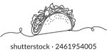 Continuous single drawn one line taco hand-drawn picture silhouette. One line drawing of Taco junk food. Line art. Mexican food tacos