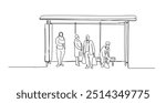 Continuous single drawn one line of a man and a woman at a stop drawn from a hand picture silhouette. Line art. character of woman and man passengers. Single one line drawing of bus stop with shelter